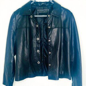 Bernardo Black Leather Jacket with Unique Silver Snap Closure - Size M
